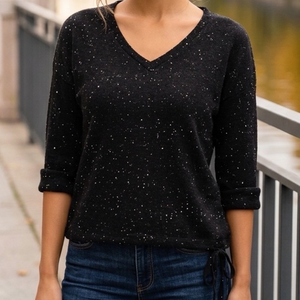 DKNY Jeans Galaxy Sparkle V-Neck Drawstring Sweater Black Silver Size M